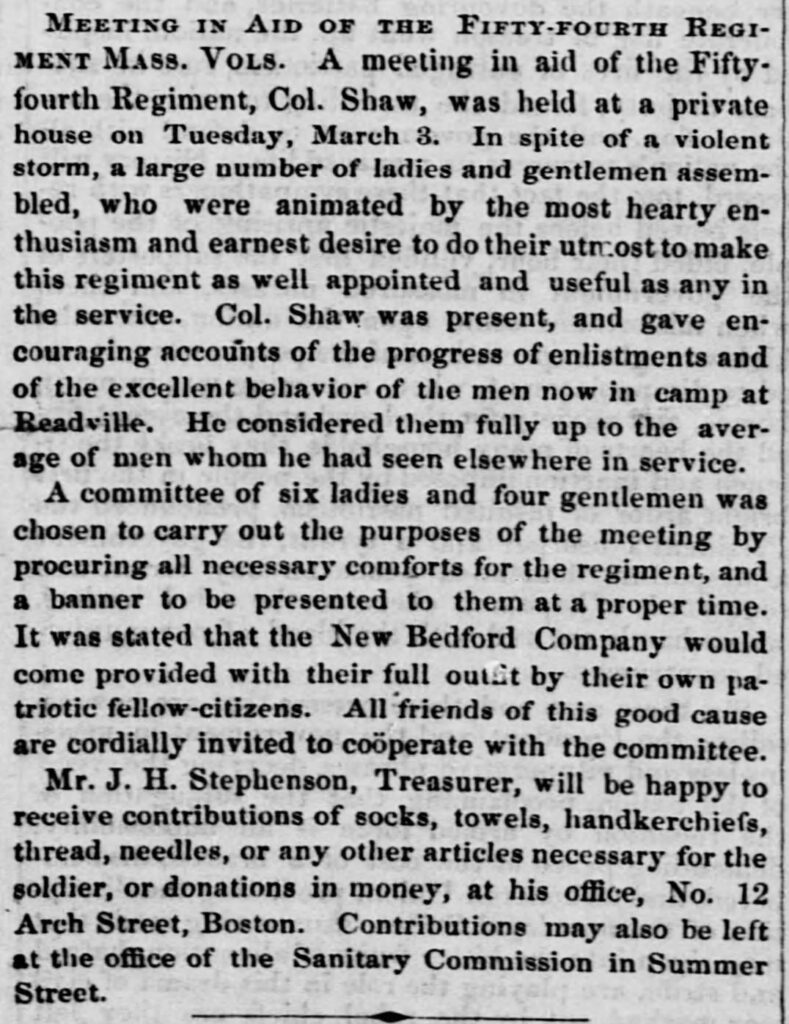 newspaper article with text about raising supplies for the 54th