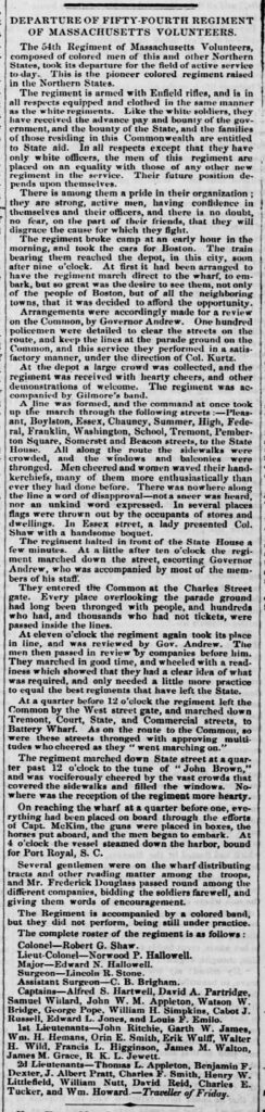 newspaper article about the 54th regiment leaving Boston
